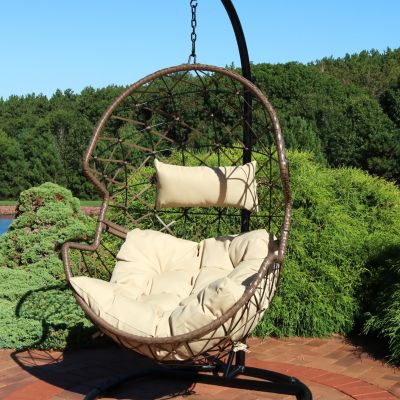 Lorelei Hanging Egg Chair - Outdoor Patio Lounge Seat - Boho Style Furniture - Resin Wicker Basket Design - Includes Beige Cushion - Furniture for Porch, Deck, Balcony and Garden