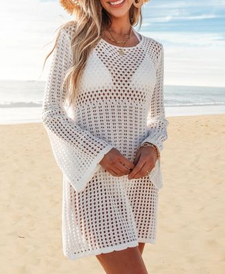Women's White Cutout Flared Sleeve Cover-up Beach Dress