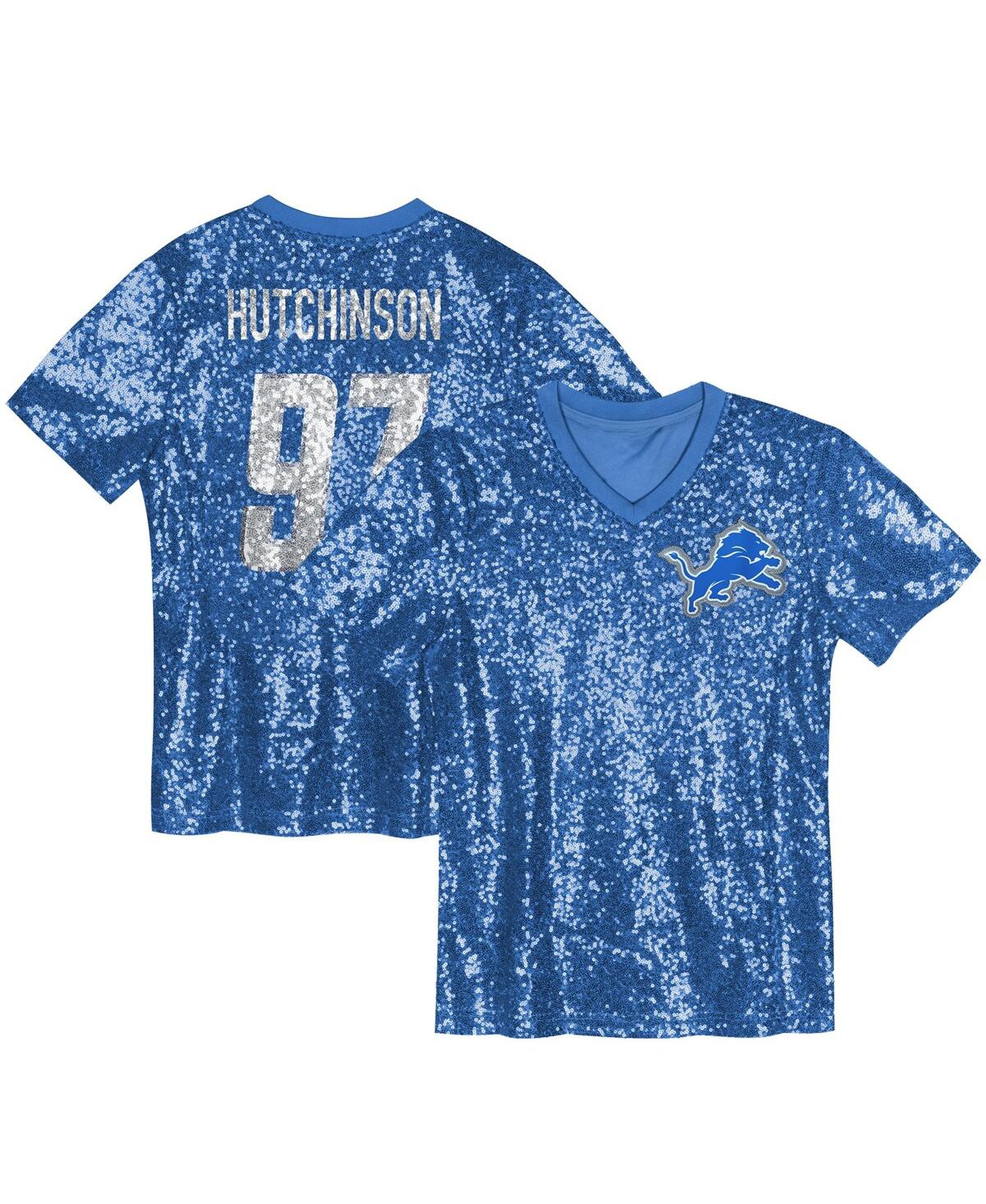 Women's Aidan Hutchinson Blue Detroit Lions Player Name Number V-Neck Fashion Jersey - Blue