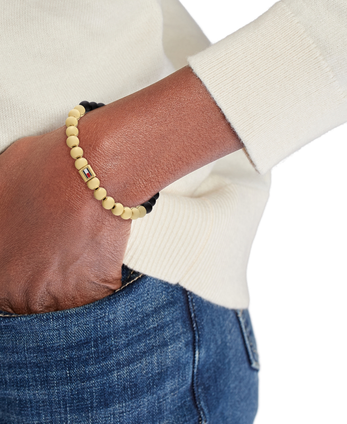 Tommy Hilfiger Gold-tone Colored Beaded Bracelet In Black,gold