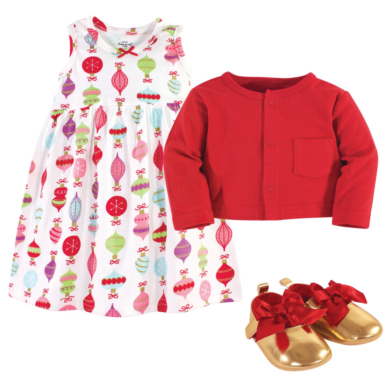 Treasure Three-Piece Cotton Outfit Dress, Cardigan & Footwear