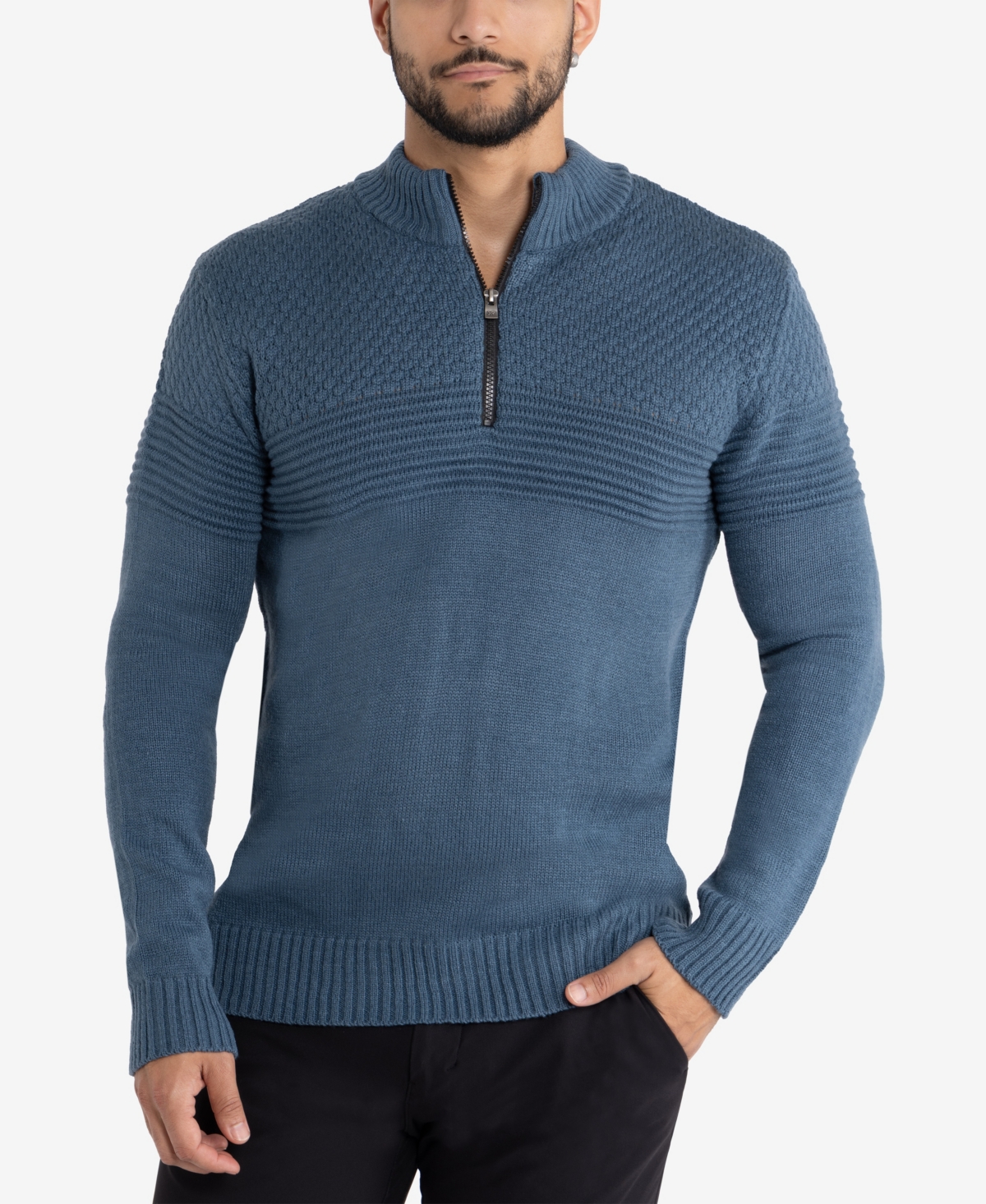Men's Mock Neck Texture Quarter Zip Knitted Sweater - Blue