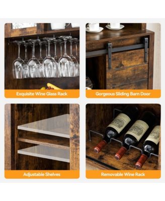 70" Farmhouse Bar Wine Cabinet with Sliding Barn Doors, Coffee Liquor Cabinets with Storage Shelves and Glasses Rack for Kitchen, Dining Room