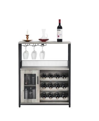 Wine Bar Cabinet with Detachable Wine Rack, Bar Rack Cabinet with Glass Holder and 1 Drawer, Mesh Door, Small Sideboard and Buffet Cabinet for Liquor and Glasses