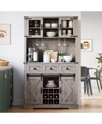 72" Farmhouse Bar Cabinet with Sliding Barn Door, Tall Kitchen Buffet with Storage Hutch and 3 Drawer, Rustic Coffee Wine Bar Sideboard with Wine & Glasses Rack, for Living Room