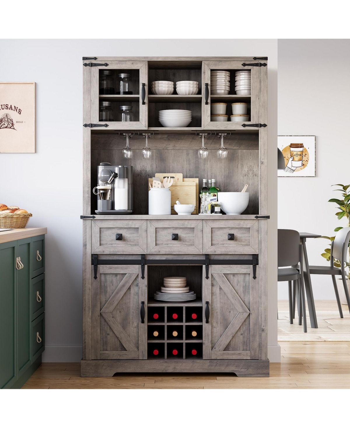 gaomon 72" Farmhouse Bar Cabinet with Sliding Barn Door, Tall Kitchen Buffet with Storage Hutch and 3 Drawer