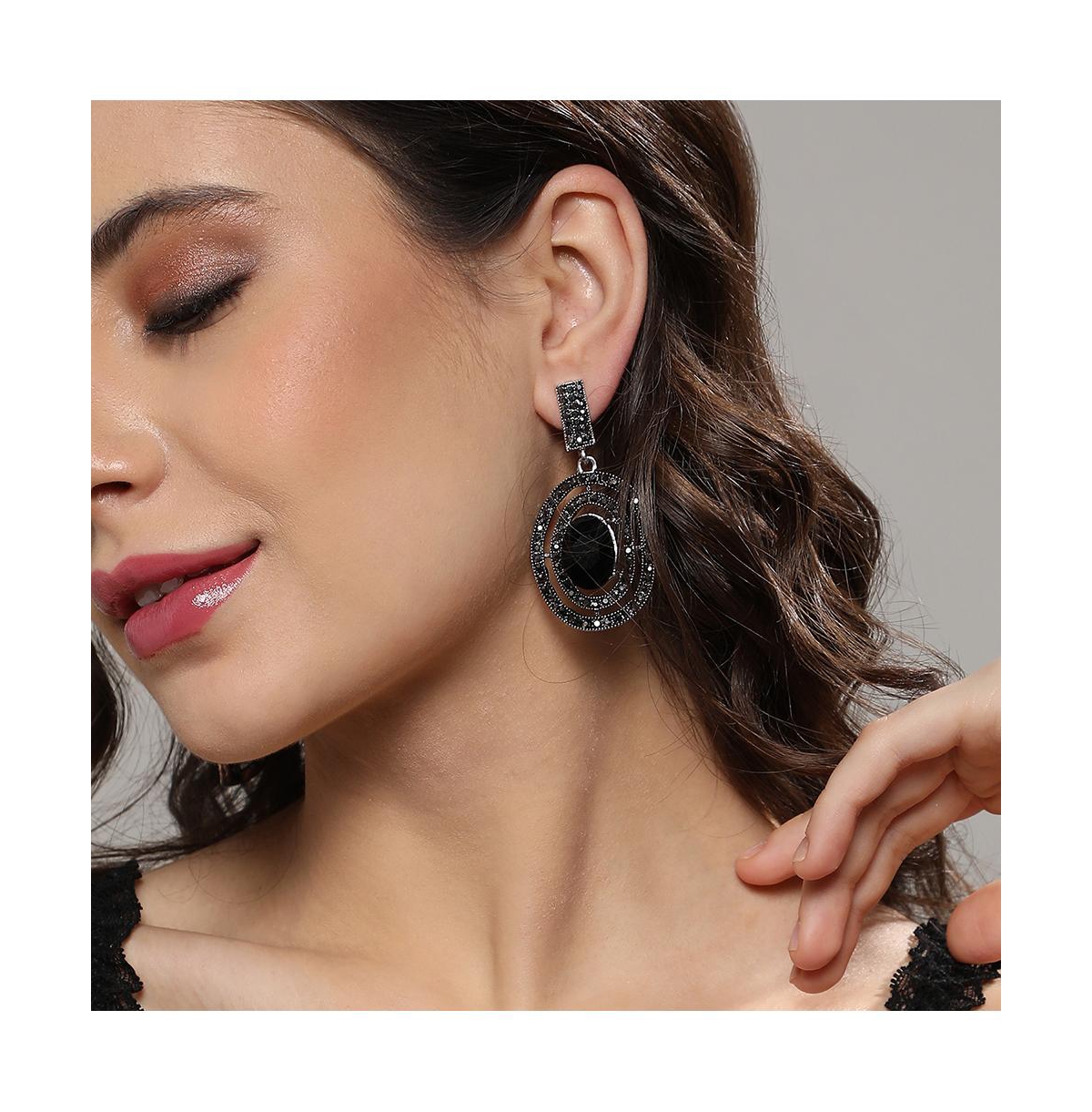 Shop Sohi Embellished Lined Oval Drop Earrings In Black
