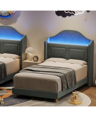 Twin Bed Frame with Lights, Stylish Velvet Platform Bed