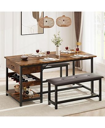 Dining Table Set with 2 Benches for 4 Kitchen Table Set with Storage Drawers & Wine Rack for Breakfast Nook and Small Space Dining Room Table Set with Metal Frame for Living Room