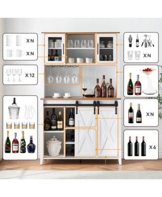 Farmhouse Bar Wine Cabinet with Sliding Barn Doors, Coffee Liquor Cabinets with Storage Shelves and Glasses Rack for Kitchen, Dining Room