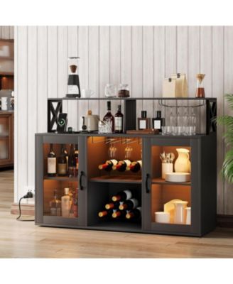 Farmhouse Wine Bar Cabinet with Tempered Glass Doors, Wine and Goblet Holder,Liquor Storage Cabinet for Dining Room, Living Room, Kitchen