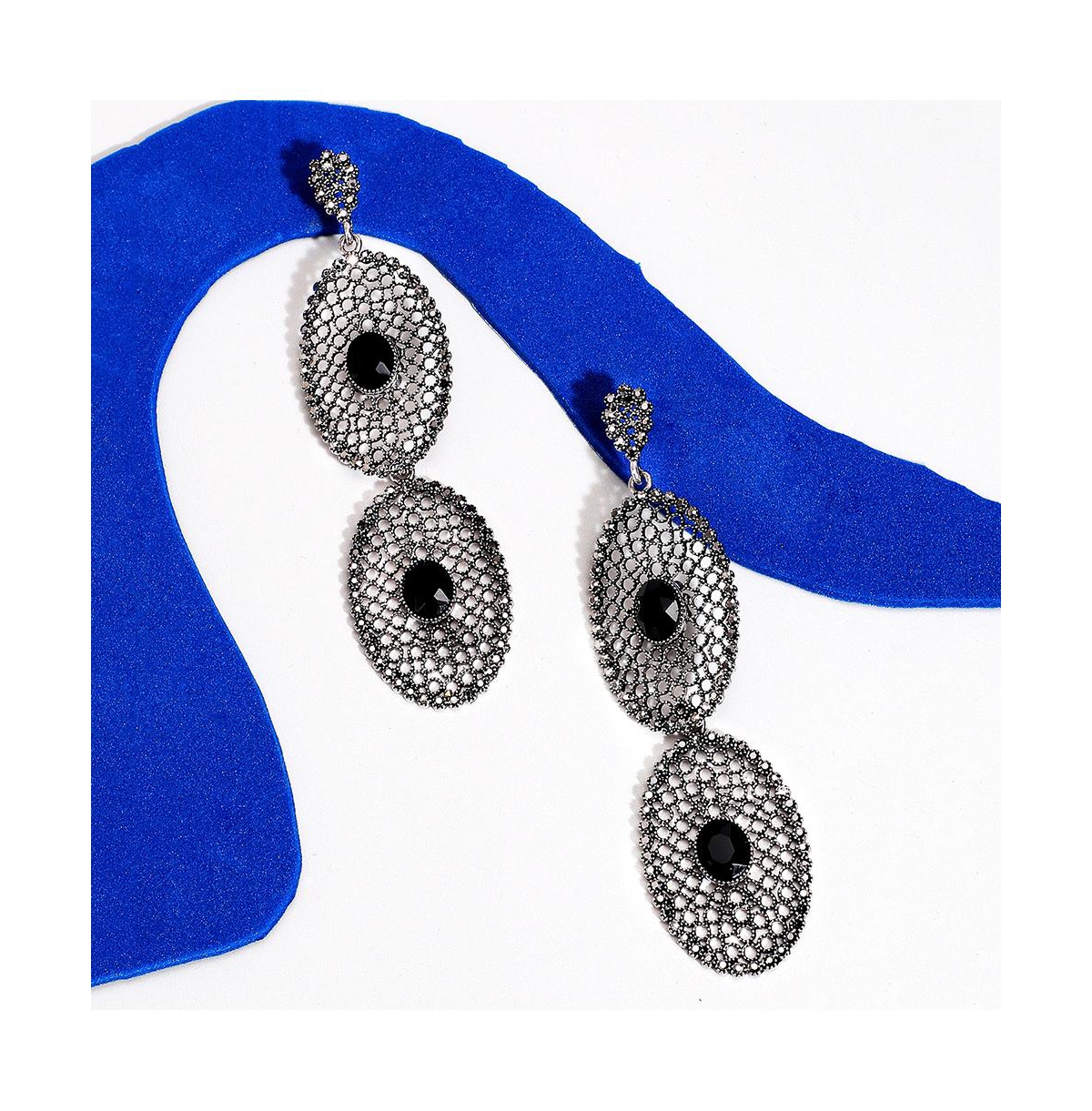 Sohi Intricate Stone Oval Long Drop Earrings In Black