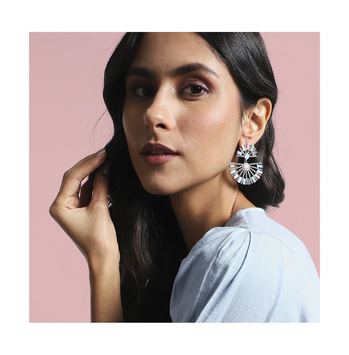 Sohi Half Circular Drop Earrings In Silver