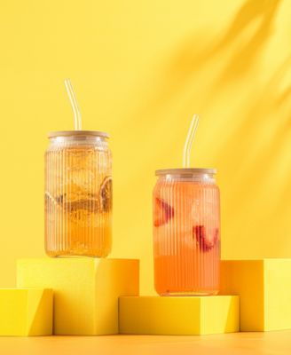 Fluted Glass Tumblers with Bamboo Lids and Straws, Set of 4