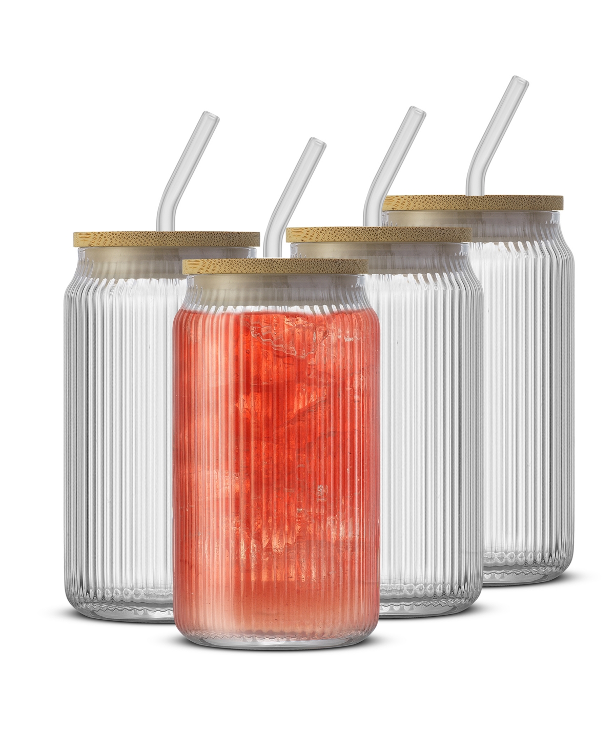JOYJOLT FLUTED GLASS TUMBLERS WITH BAMBOO LIDS AND STRAWS, SET OF 4 