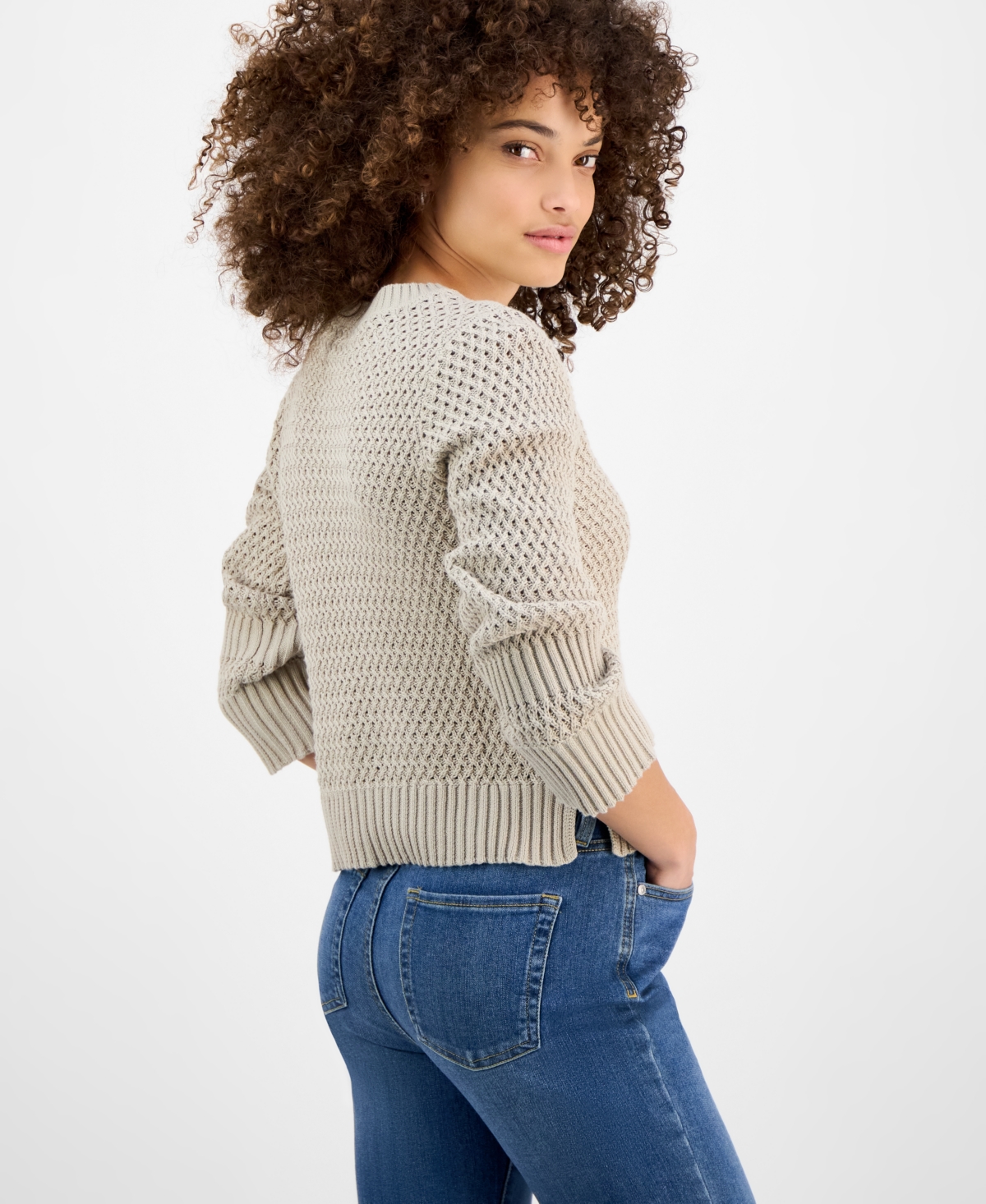 DKNY JEANS PETITE COTTON OPEN-STITCH VENTED-HEM SWEATER 