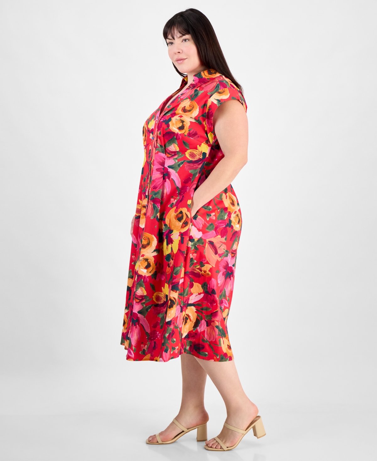 Julia Jordan Plus Size Floral-print Button-down Shirtdress In Red Multi