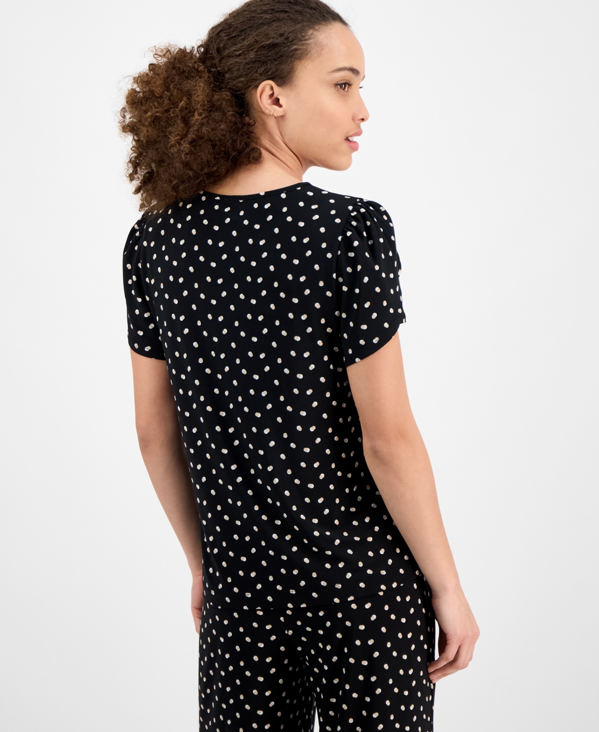 Ak Anne Klein Petite Dot-print Tulip-sleeve Top In Anne Black Multi