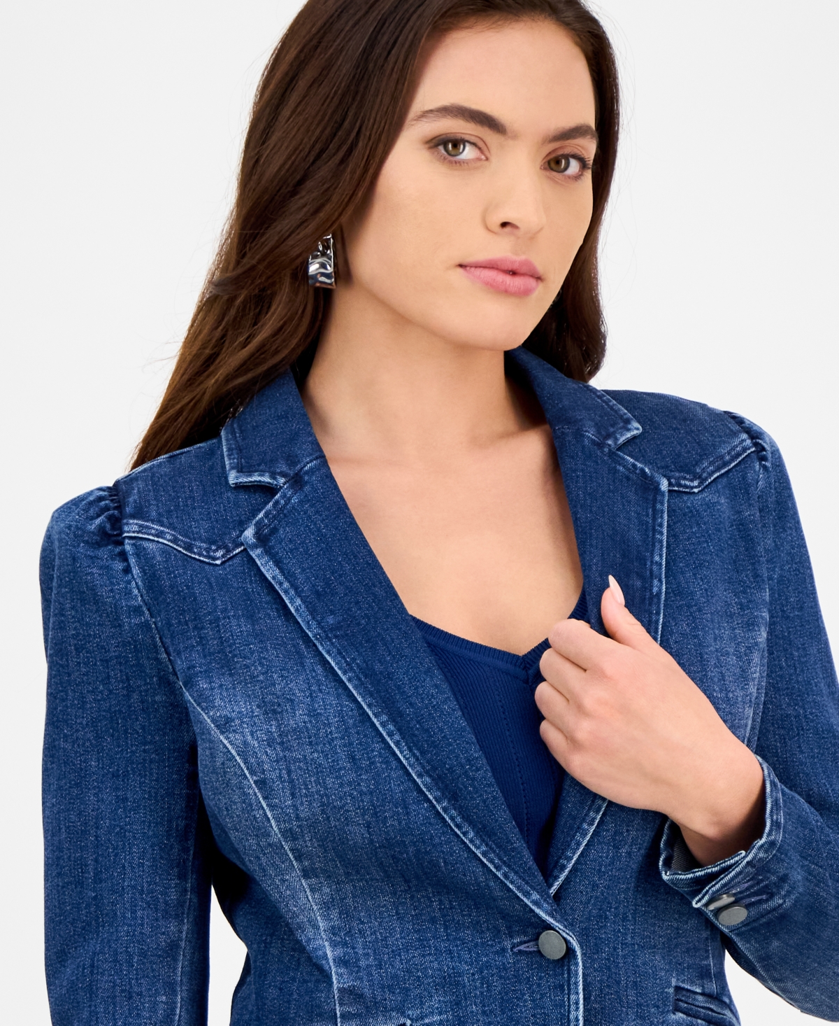 INC INTERNATIONAL CONCEPTS PETITE PUFF-SLEEVE DENIM BLAZER, CREATED FOR MACY'S 