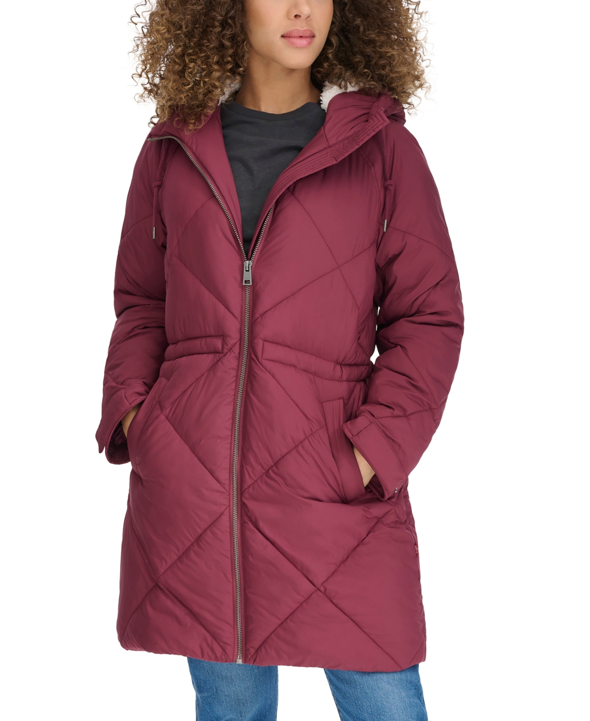 Levi's Women's Diamond Quilted Cinch Waist Parka Jacket In Burgundy
