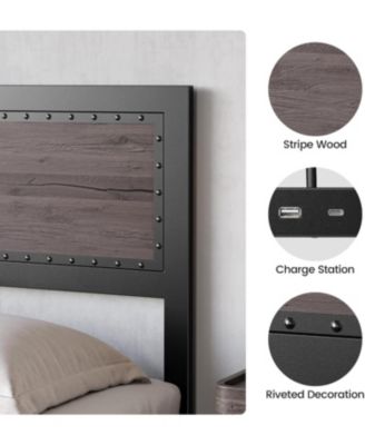 Queen Size Bed Frame with Headboard, Industrial Platform Bed Frame with Charging Station, No Box Spring Required, Easy to Assemble, Wooden Mattress Base