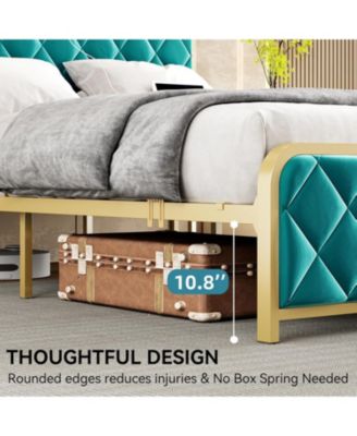 King Bed Frame with Velvet Storage Headboard, Heavy Duty Steel Slats Support Metal Platform Bed Frame w/Charging Station & LED, APP   Remote Control, Noise-Free/No Box Spring Needed