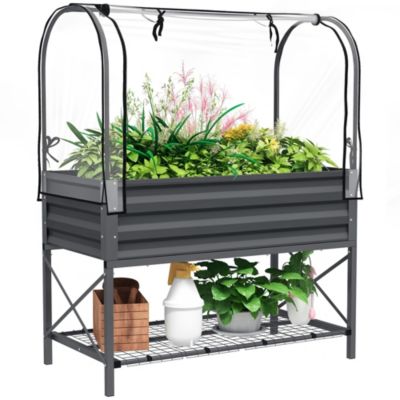 Metal Raised Garden Bed with Legs, Cover, and Storage Shelf,
