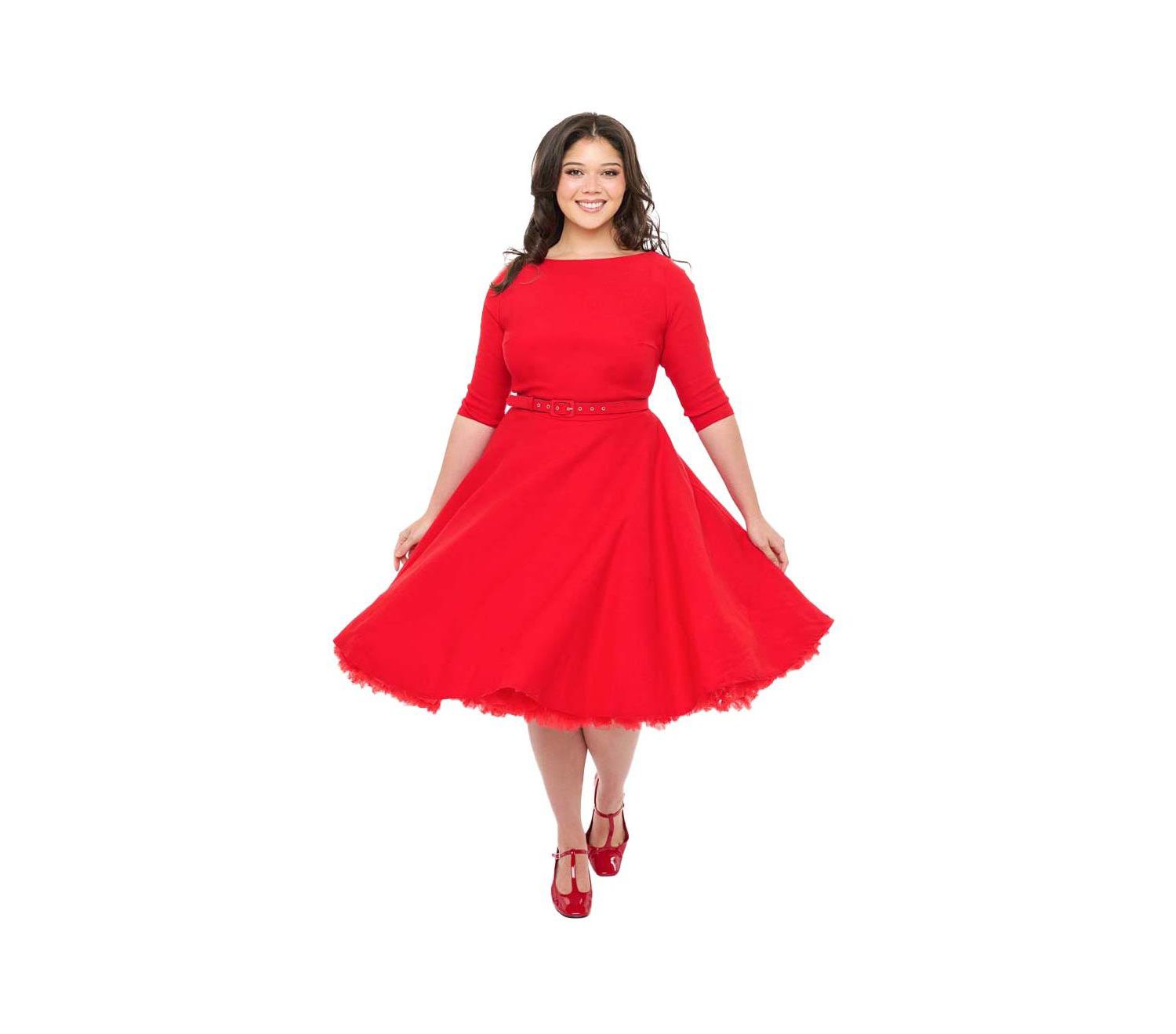 Plus Size Three Quarter Sleeve Belted Devon Swing Dress