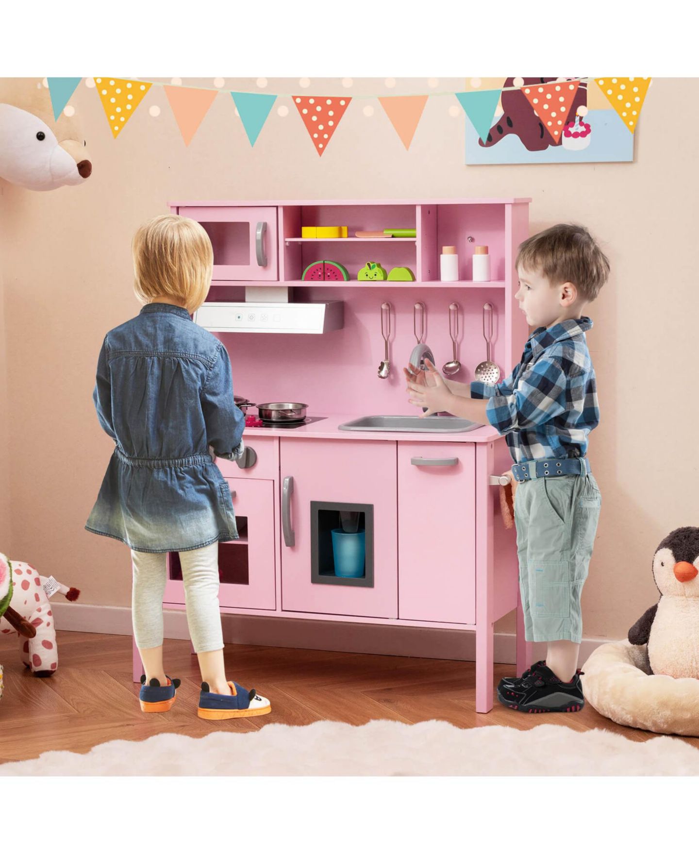 Детские игрушки Costway Chef Wooden 19-Piece Play Kitchen, Ages 3+, цвет: Розовый — фото 10