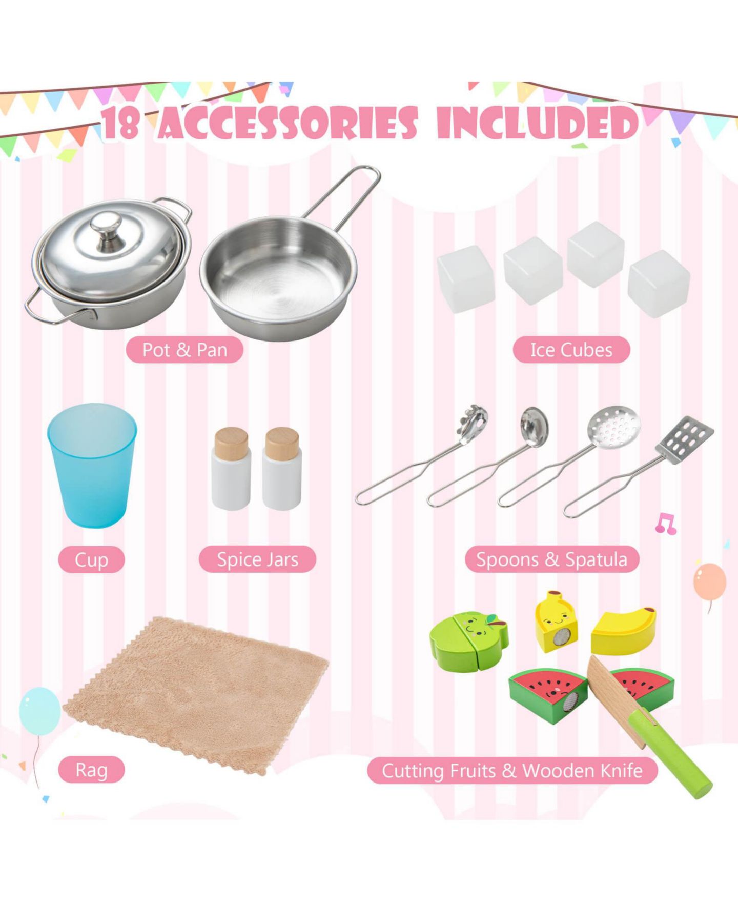 Детские игрушки Costway Chef Wooden 19-Piece Play Kitchen, Ages 3+, цвет: Розовый — фото 11