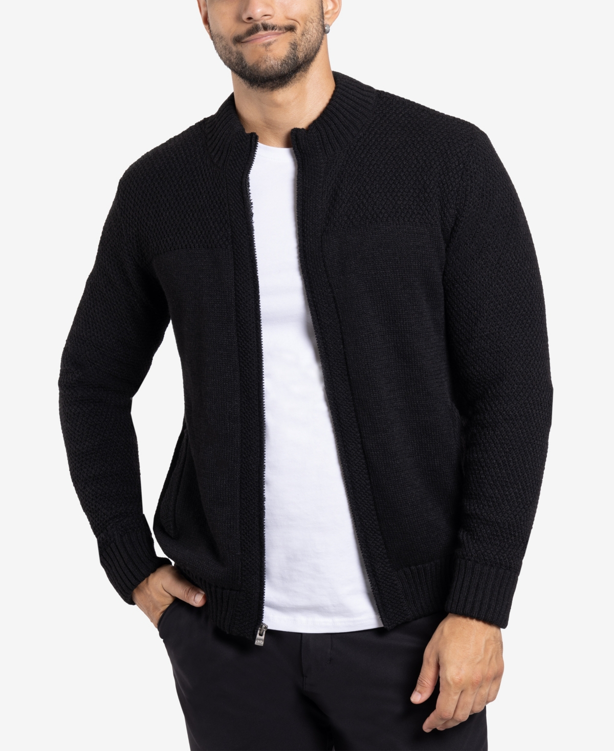 Men's Color Blocked Full-Zip High Neck Sweater Jacket - Oatmeal