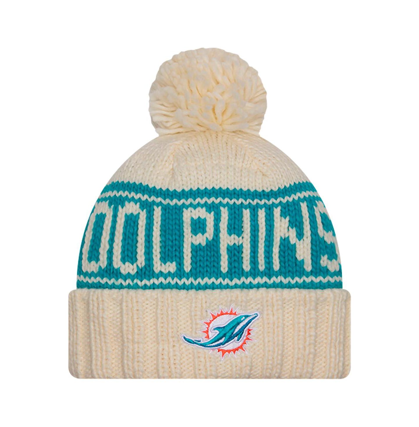 Женская шапка New Era Cream Miami Dolphins 2024 Sideline Cuffed Knit Hat with Pom — фото 1