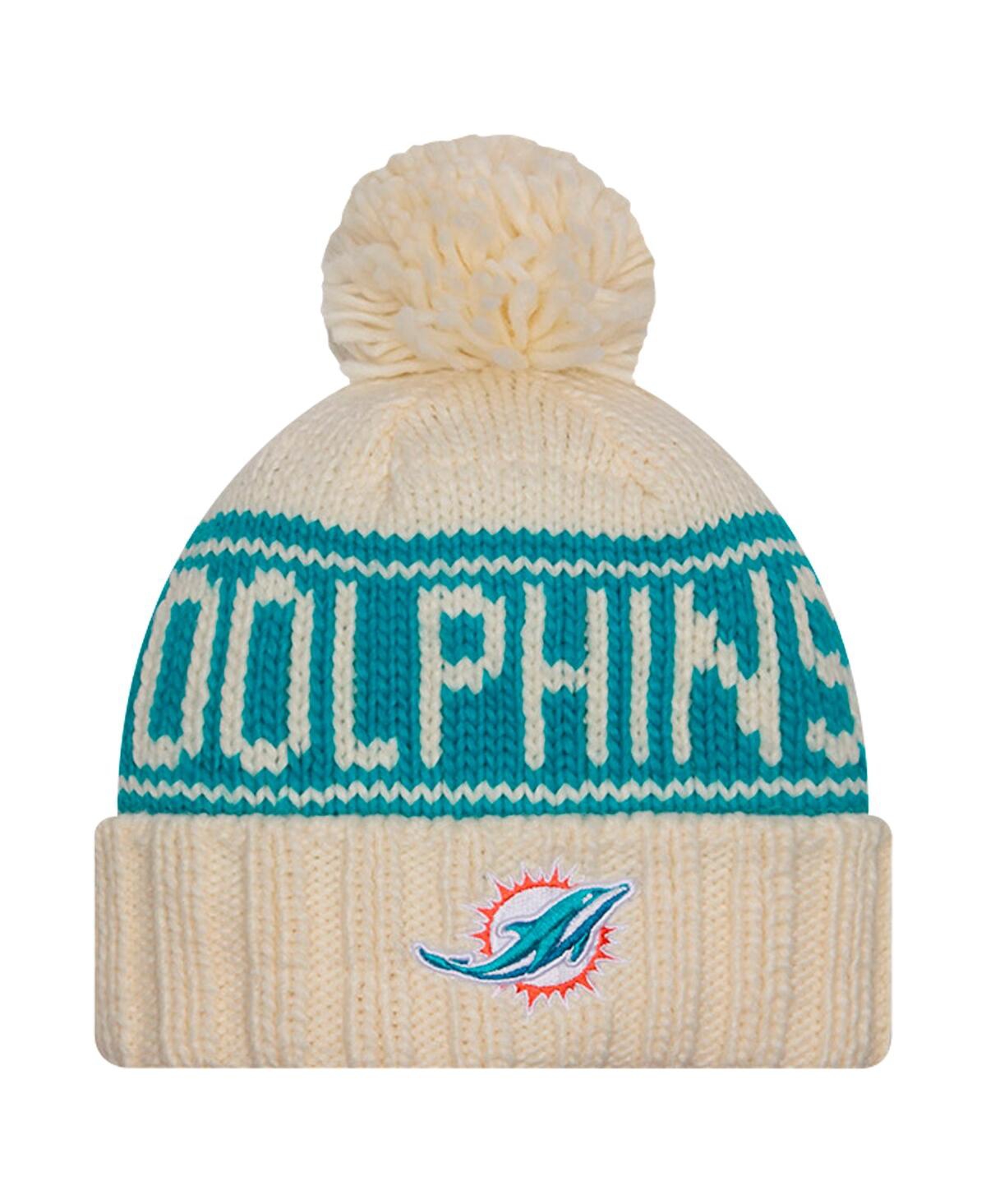 New Era Women's Cream Miami Dolphins 2024 Sideline Cuffed Knit Hat With Pom In Cream