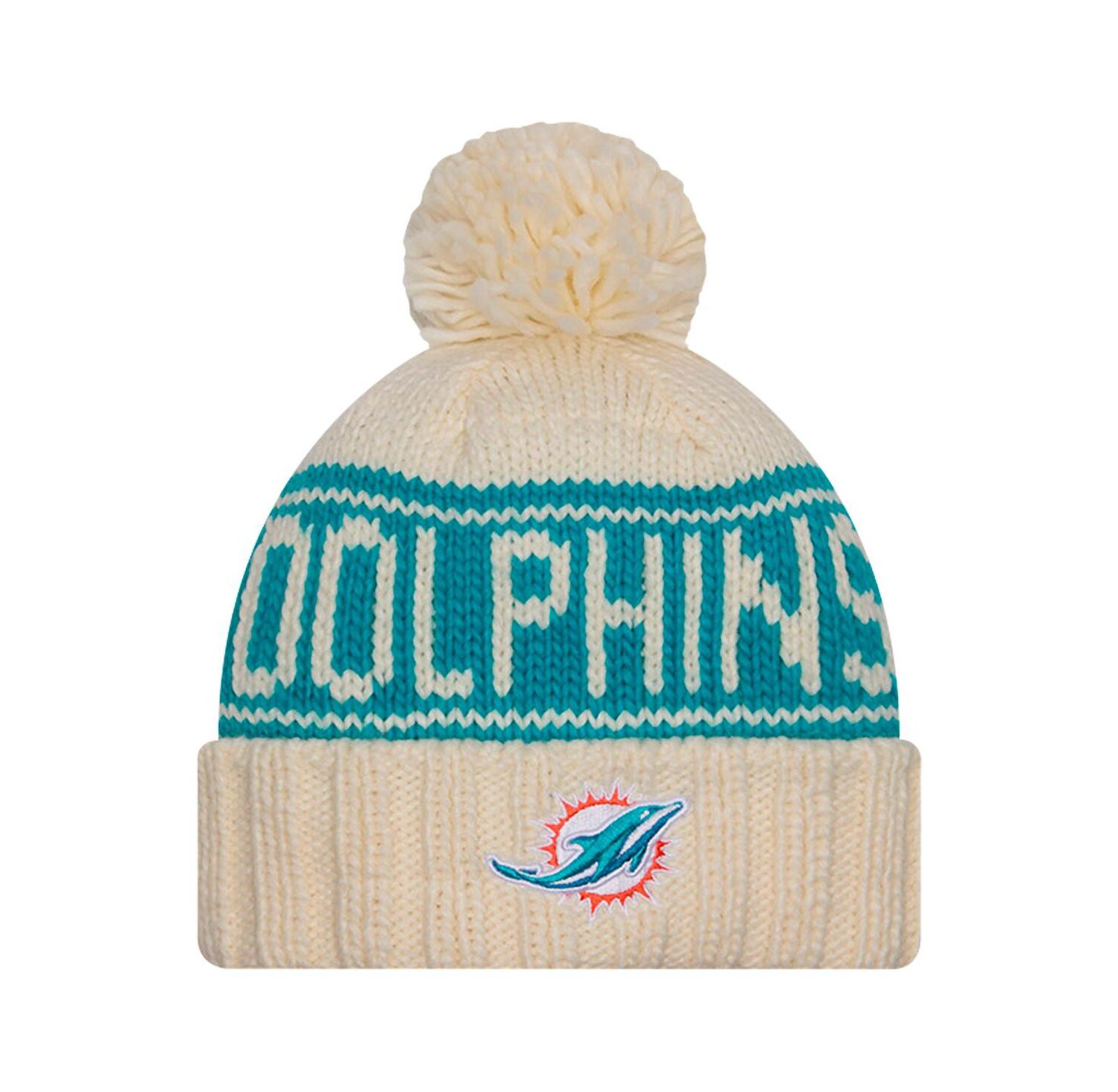 Women's Cream Miami Dolphins 2024 Sideline Cuffed Knit Hat with Pom