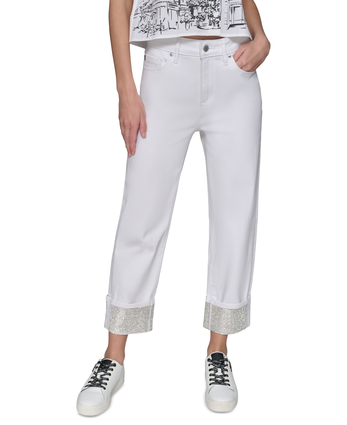 Karl Lagerfeld Petite Crystal-cuff Cropped Jeans