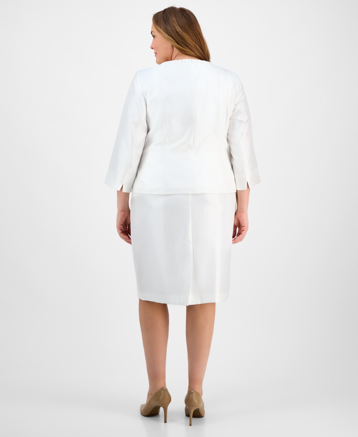Le Suit Plus Size Collarless Three-button 3/4-sleeve Jacket & Slim Skimmer Skirt In Natural White
