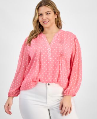 Plus Size Dot Print Pintuck 3/4-Sleeve Top