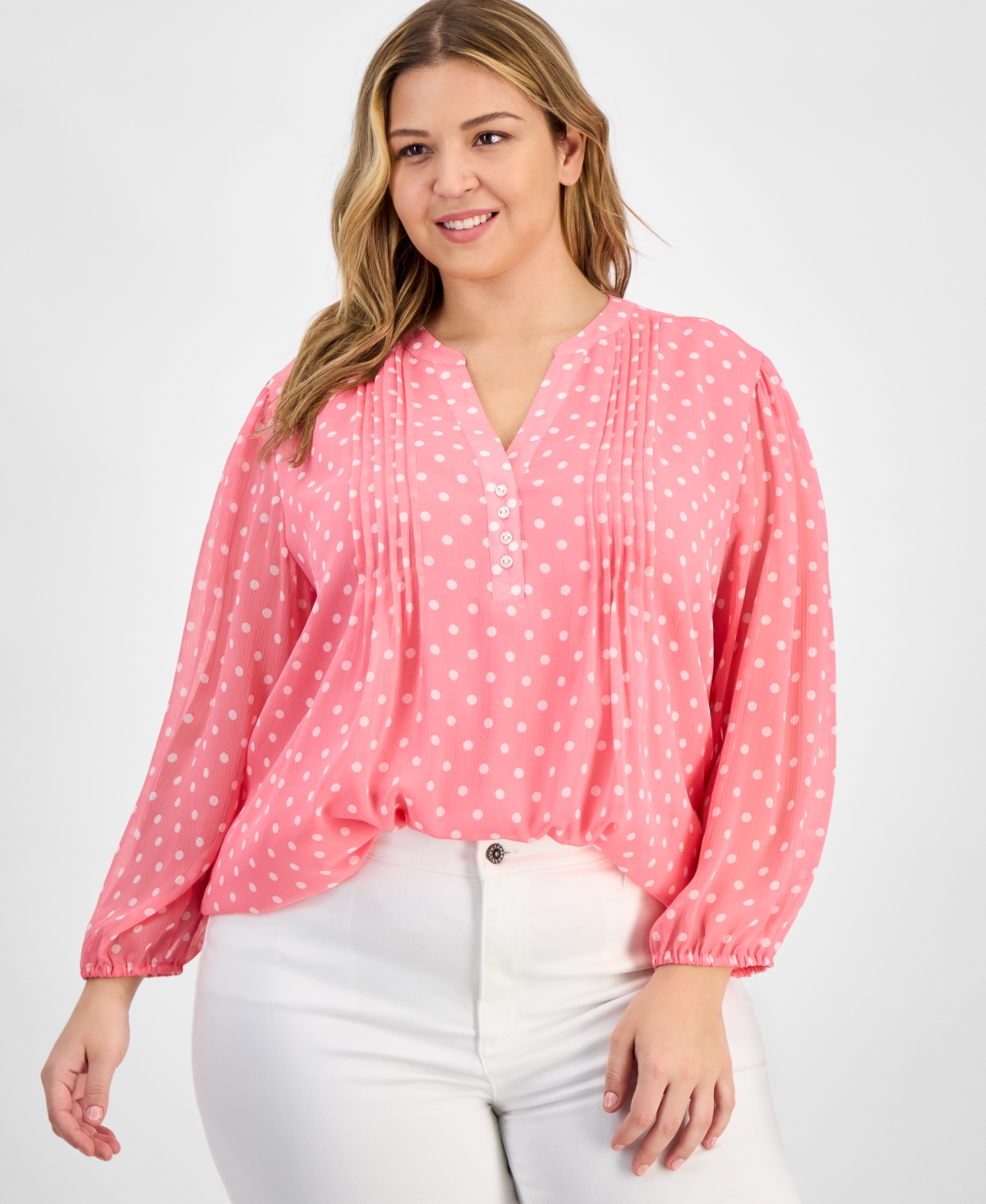 Tommy Hilfiger Plus Size Dot Print Pintuck 3/4-sleeve Top In Peony,ivory