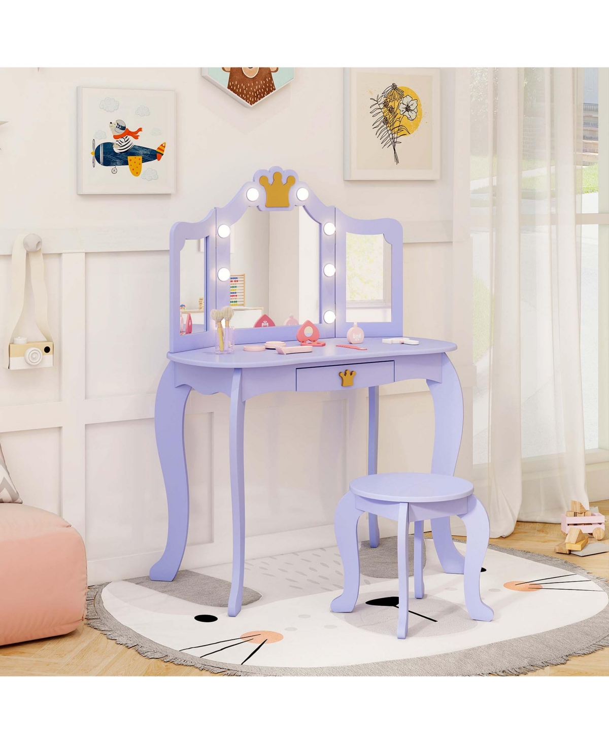 Costway Kids Vanity Set Princess Vanity Table & Chair Set with Lighted Mirror
