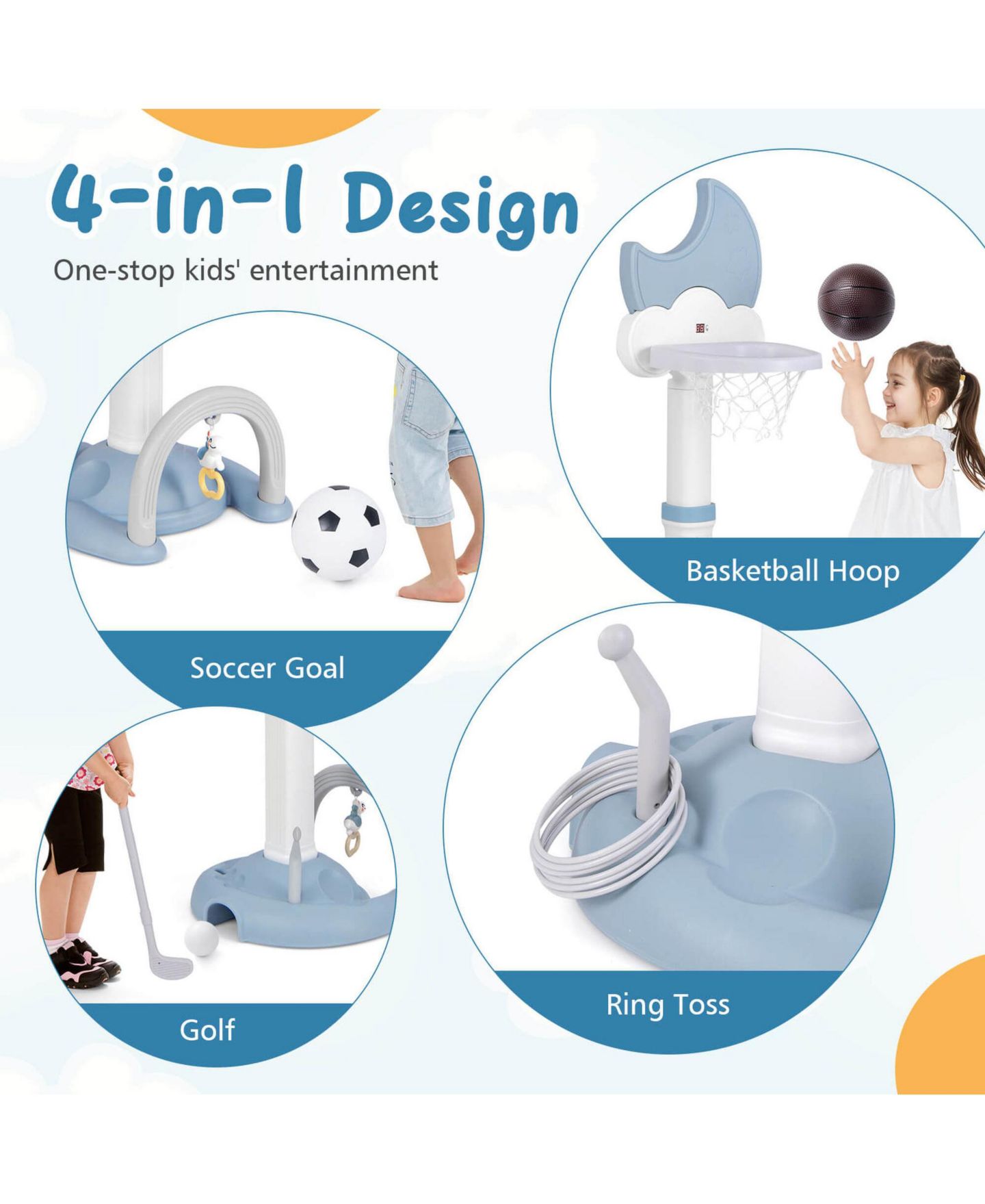 Детские игрушки Costway 4-in-1 Toddlers Basketball Hoop with Soccer Golf and Ring Toss Game, цвет: Синий — фото 2