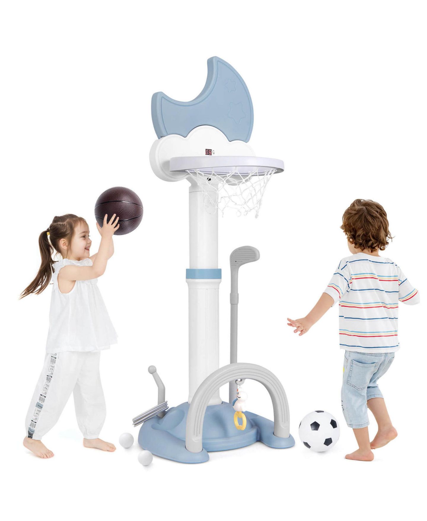 Детские игрушки Costway 4-in-1 Toddlers Basketball Hoop with Soccer Golf and Ring Toss Game, цвет: Синий — фото 1