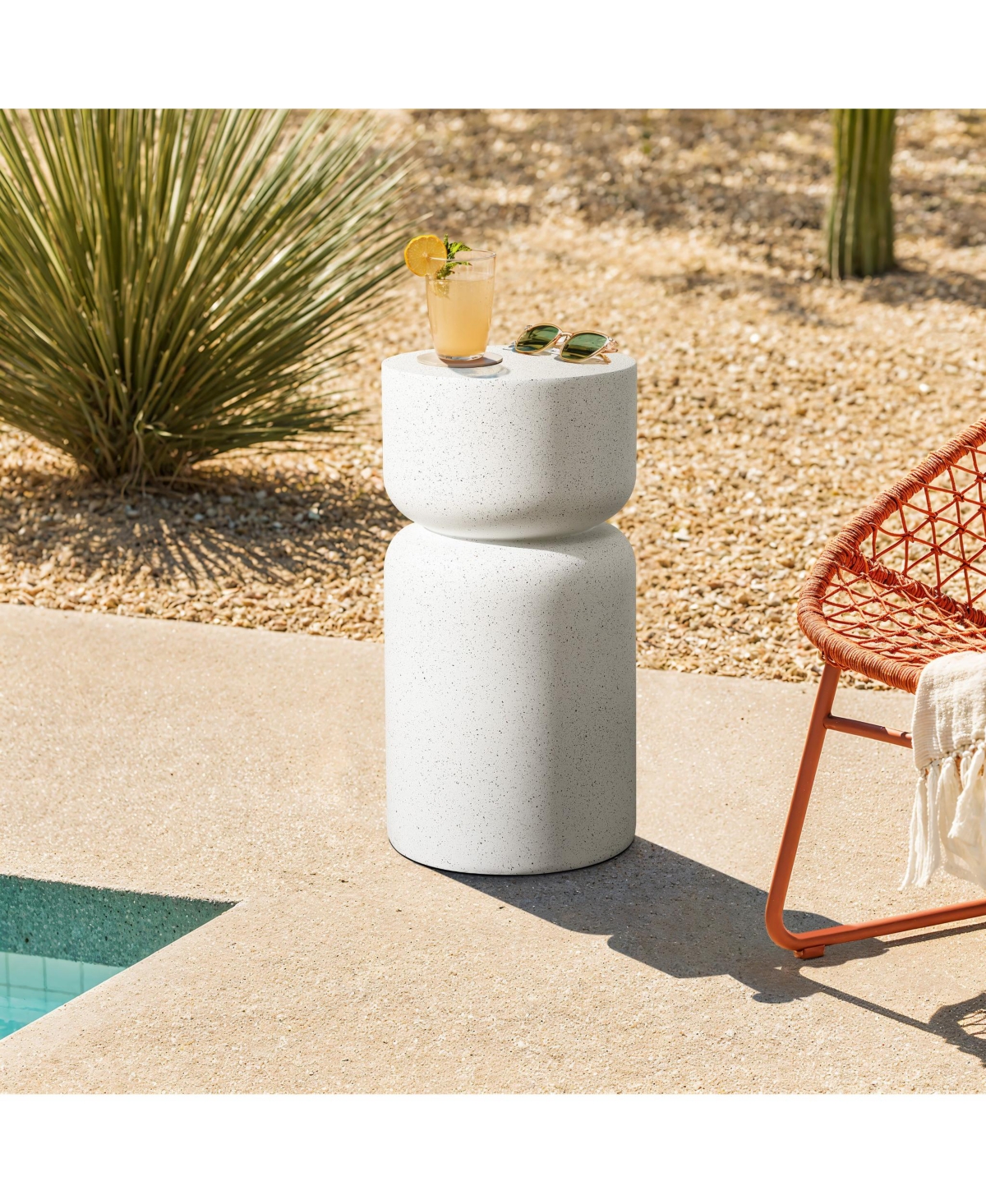 LuxenHome White with Gray Flecks Pillar Round MgO Side Table, Indoors and Outdoors