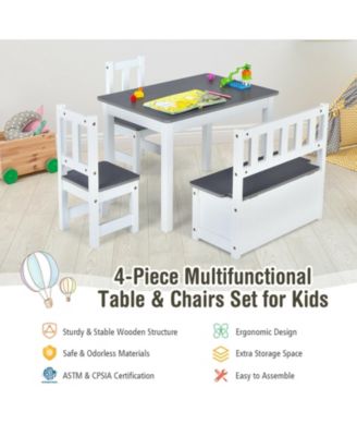 4 Pieces Kids Wooden Activity Table and Chairs Set with Storage Bench and Study Desk