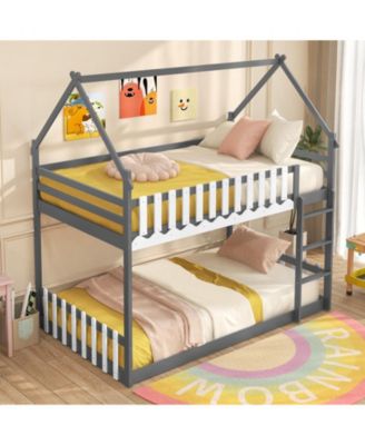 Twin Over Twin Bunk Bed with Fence and Ladder for Kids