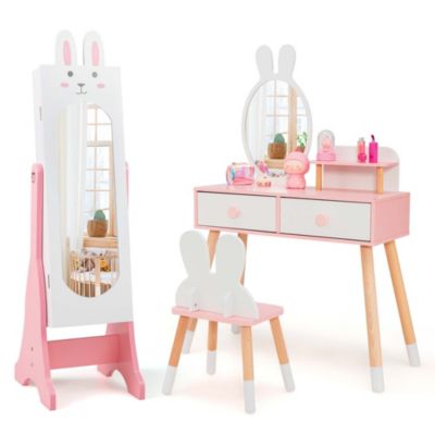 Kids Vanity Set Princess Makeup Dressing Table and Chair Set with Jewelry Armoire