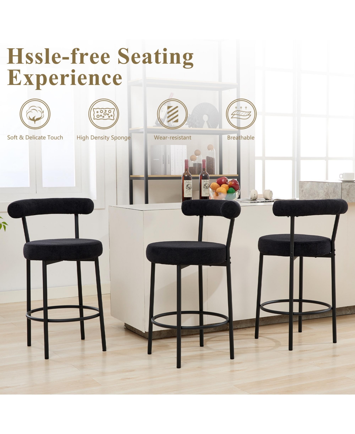 Dyhome Bar Stools Set of 3, 28 Inches Modern Counter Height with Curved Back Metal Legs, Upholstered Tall Barstools for Kitchen Island, Caf