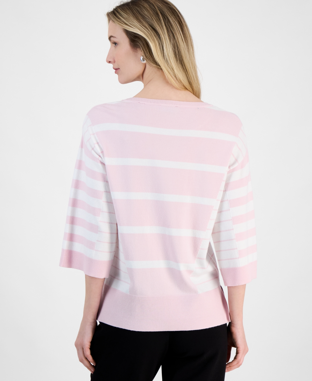 T Tahari Women's Striped 3/4-sleeve Sweater In Soft Pink,white Stripe