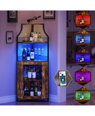 Corner Bar Cabinet with LED Lights, Industrial Liquor Cabinet with Adjustable Shelf, 5-Tier Industrial Wine Cabinet with Glass Holder, Home Bar Cabinet, Coffee Bar Cabinet