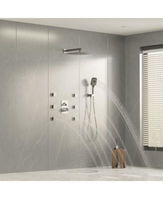12" Rain Shower System with Body Jets, Wall-Mounted, Handheld, 3-Function Faucet Shower System