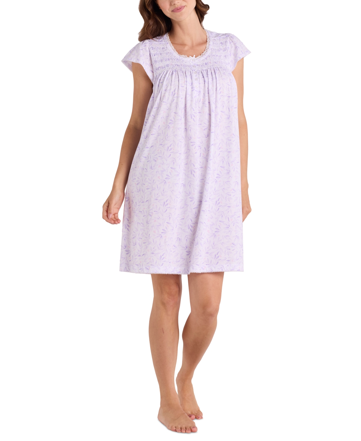 Women's Printed Pintucked Nightgown - Pink Leaves Stems